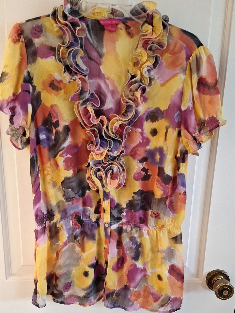 Sunny Leigh Yellow & Purple Watercolor Ruffle-Front Blouse